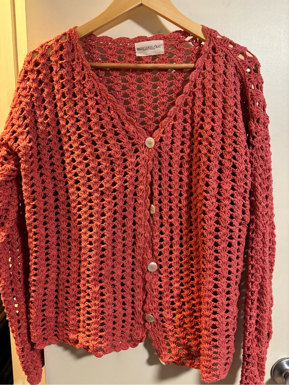 Monterey Bay Crochet Knit Button-Up Cardigan - Coral